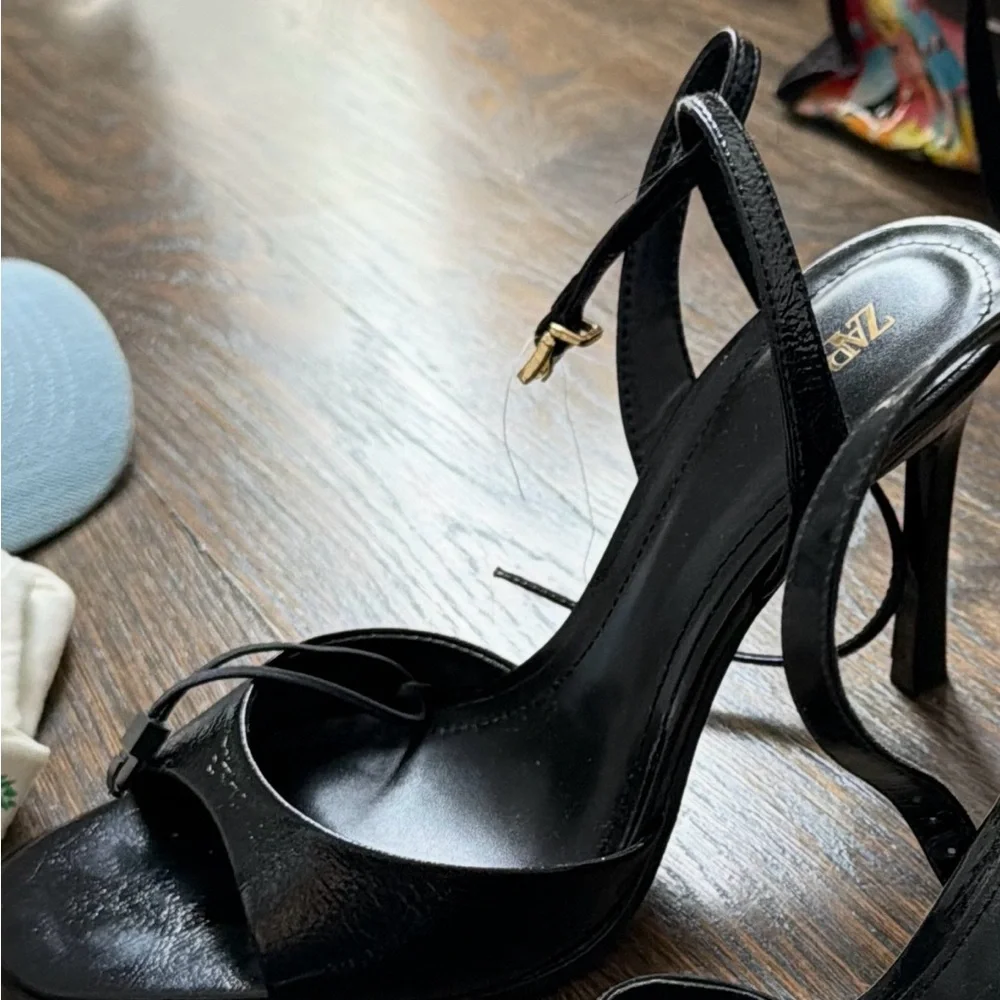 Zara Black Leather High Heel Slingback Sandals - Picture 1 of 1